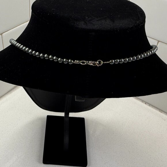 Hematite and Blue Cats Eye Glass Beaded Necklace - Picture 3 of 6